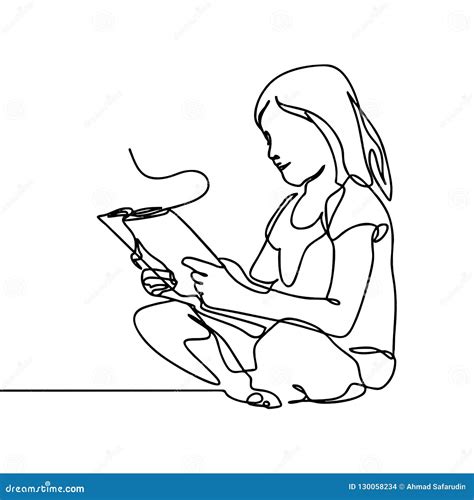 A Girl Reading a Book One Continuous Line Art Drawing Style. a Kid Sit ...