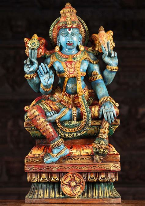 Wooden Blue Vishnu Statue Holding Club 24" (#94w9cd): Lotus Sculpture