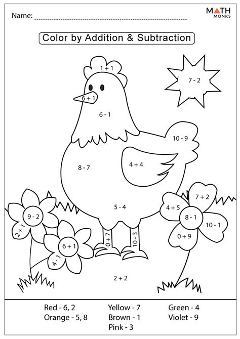 Addition and Subtraction Coloring Worksheets with Answer Key