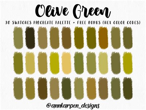 Olive Green Procreate Palette, 30 HEX Color Codes, Instant Digital ...