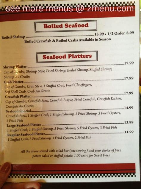 Menu at Landry's Seafood restaurant, Pierre Part