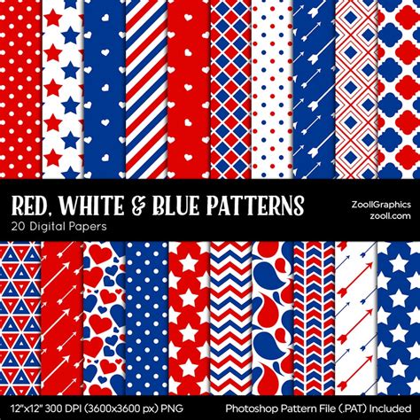 Red, White & Blue Patterns, 20 Digital Papers 12x12, Photoshop Pattern ...