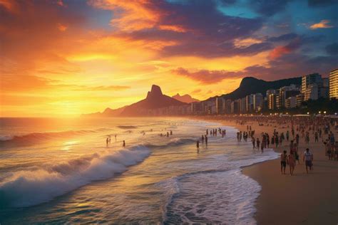 Sunset at Copacabana beach, Rio de Janeiro, Brazil, Ipanema beach in ...