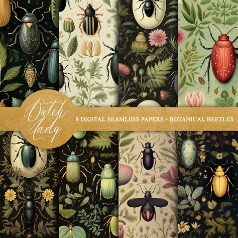 Botanical Beetles Digital Backgrounds Scrapbook Paper Seamless Insect ...