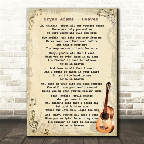 Bryan Adams Heaven Song Lyric Vintage Quote Print - SongLyricPrints.co.uk