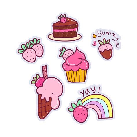 Premium Vector | Set of kawaii strawberry food doodles