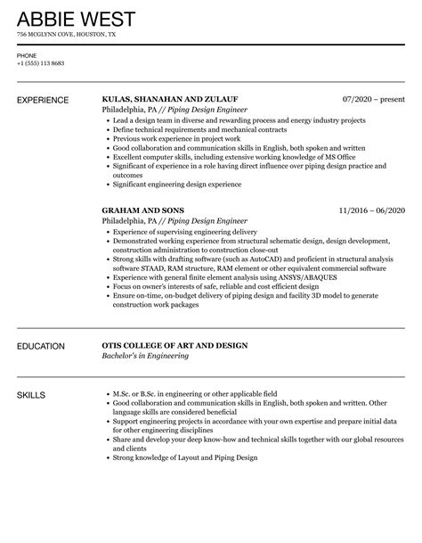 Piping Design Engineer Resume Samples | Velvet Jobs