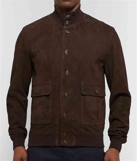 Men's Button Closure Brown Suede Bomber Jacket - Jackets Creator