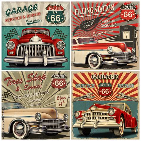 Set of vintage car metal signs,Garage, Filling Station, Tire Shop retro ...