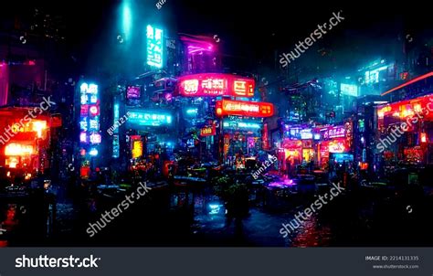 Futuristic Cyberpunk City Full Neon Lights Stock Illustration ...