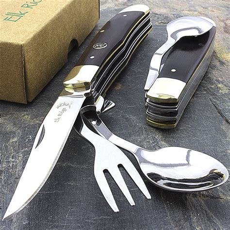 ELK RIDGE WOOD 7.25" HOBO FOLDING KNIFE w/ FORK & SPOON Utensil Tool C