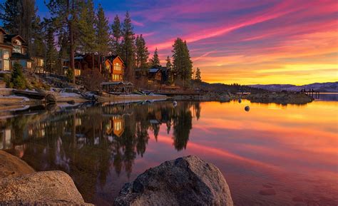 Landscape Lake House Rocks Sunset Wallpaper [1920x1172]