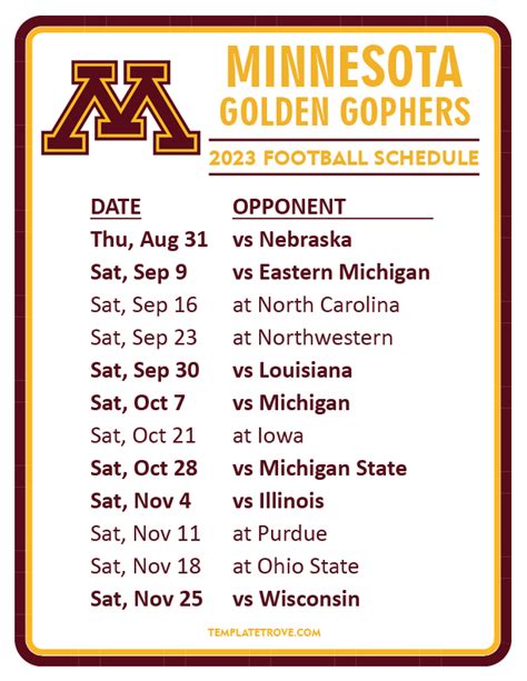 Printable Gopher Football Schedule