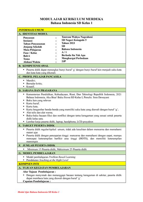 Contoh Modul Ajar Kelas 1 Kurikulum Merdeka Terbaru – NBKomputer