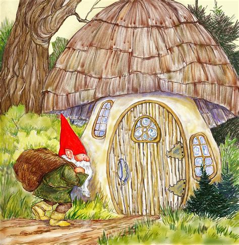 Gnome And Toadstool Home Drawing by Peggy Wilson