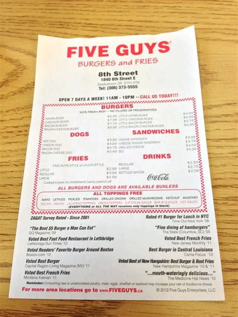 Five Guys Burgers and Fries Menu - Urbanspoon/Zomato