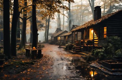 Premium AI Image | a log cabin in the autumn leaves