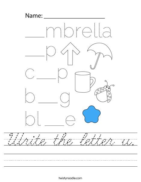 Write the letter u Worksheet - Cursive - Twisty Noodle