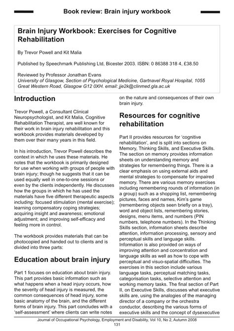 (PDF) Brain Injury Workbook: Exercises for Cognitive Rehabilitation