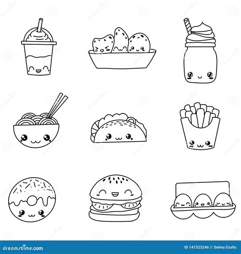 Set of Cute Food Doodles. Kawaii Food Icon Doodles. Cute Muffin ...