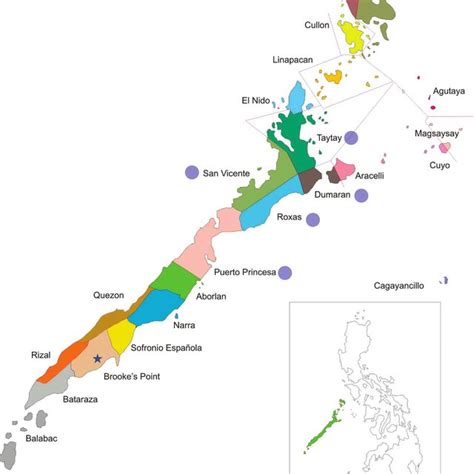 Map of Palawan showing the municipal boundaries and distribution of S ...