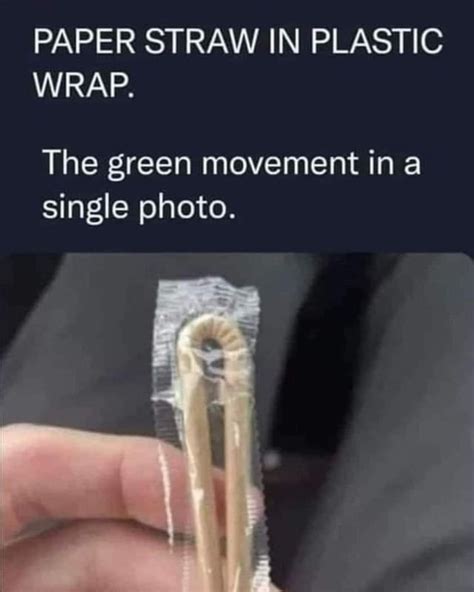 Paper straw in plastic wrap. The green movement in a single photo. - Funny