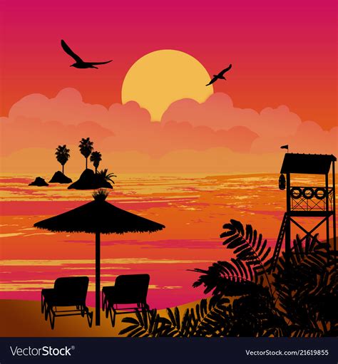 Beautiful sunset sea scenery with chairs Vector Image