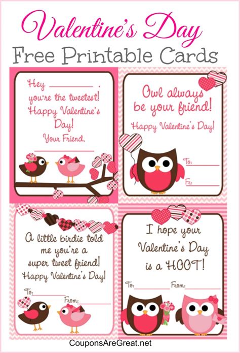 Free Printable Valentine's Day Cards for Kids with Owls and Birds