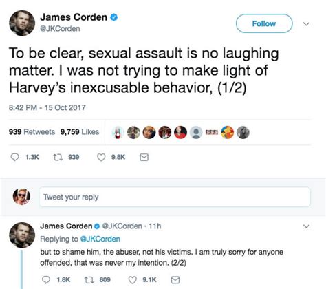 James Corden Harvey Weinstein jokes backlash prompt Twitter apology ...