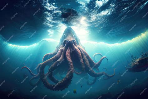 Premium Photo | Kraken under the deep sea attacking and sinking the ...