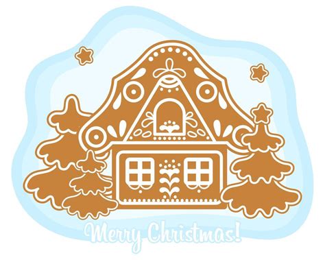 Christmas gingerbread house with fir trees and text Merry christmas ...