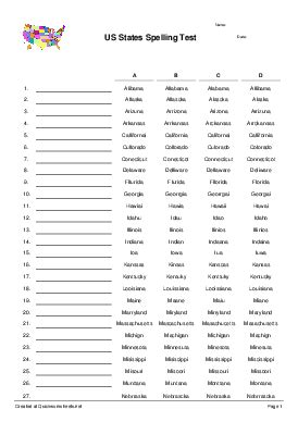 US States Spelling Test - Spelling Test - Quickworksheets