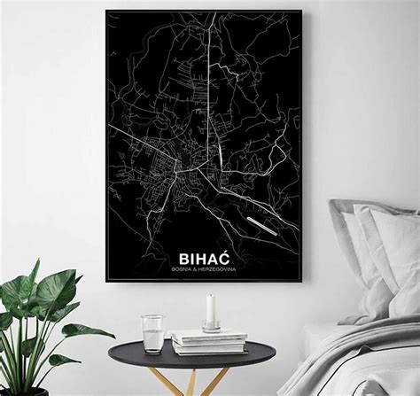 BIHAC Bosnia map poster black white Hometown City Print Modern | Etsy