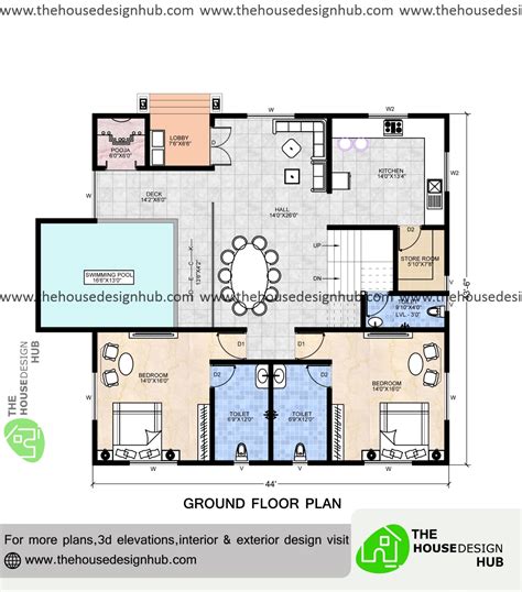 51 X 43 Ft 2 Bhk Bungalow Plan With Swimming Pool In 2200 Sq Ft | The ...