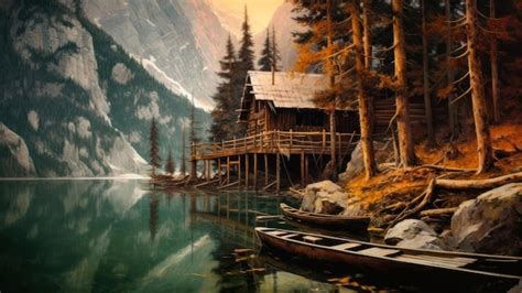 Premium AI Image | A painting of a cabin by the lake