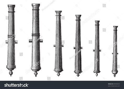 Old Engraved Illustration Of Six Different Types Of Cannon Isolated On ...