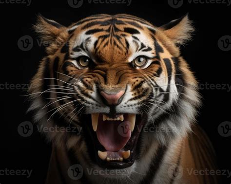 Detailed portrait of a roaring tiger's face, isolated on black ...