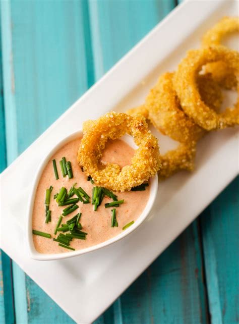 Baked Onion Rings with Spicy Dipping Sauce - Wendy Polisi