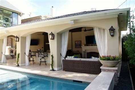 attached covered patio cabana with curtains | Freestanding Loaded Pool ...