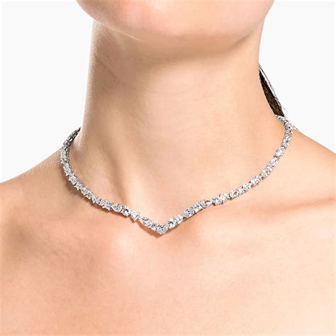 Swarovski Tennis Deluxe Mixed V Necklace, White, Rhodium Plated