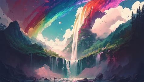 A Colorful Waterfall Surreal Illustration, Anime Concept Art ...