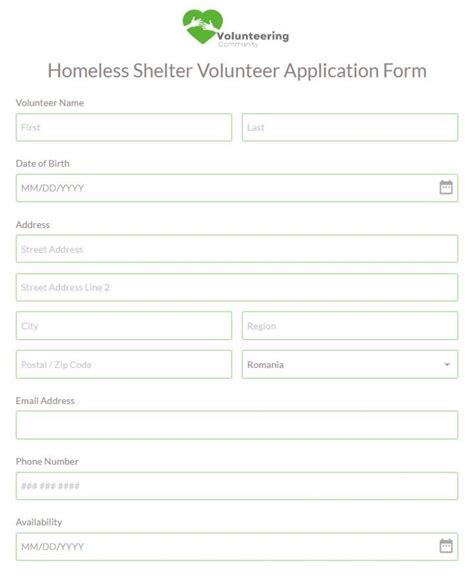 Free Homeless Shelter Volunteer Application Form Template