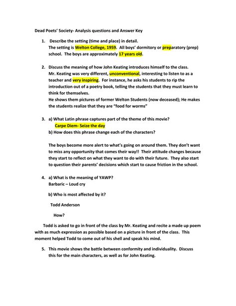 Dead Poets` Society- Analysis questions and Answer Key Describe