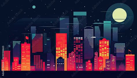 cityscape at night illustration cartoon flat style simple digital ...