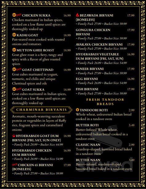 Charminar Indian Restaurant & Catering menu in San Diego, California, USA