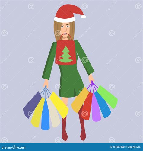 Tired Woman with Shopping Bags and Christmas Hat Vector Cartoon Stock ...