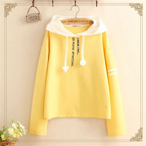 Cropped Hoodies Women Pullover Autumn Drawstring Harajuku Kawaii Yellow ...