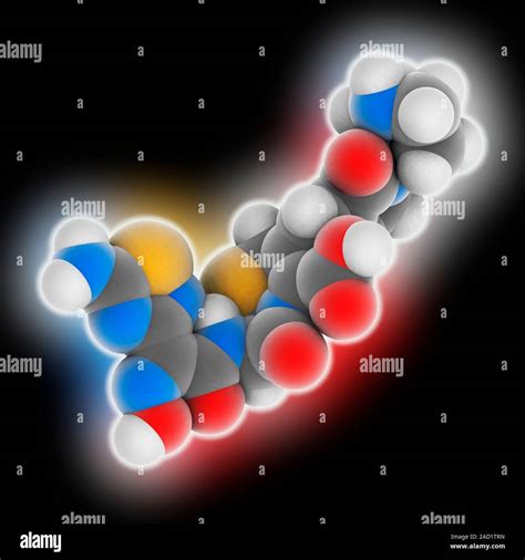 Ceftobiprole. Molecular model of the antibiotic drug ceftobiprole (C20 ...