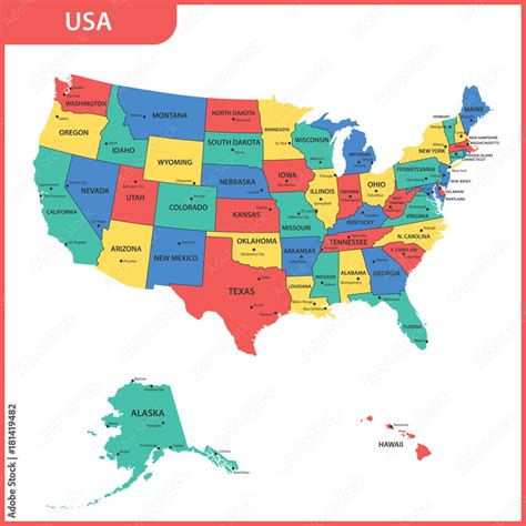 The detailed map of the USA with regions or states and cities, capital ...