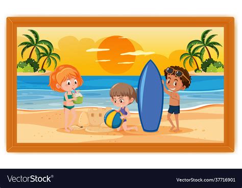 Kids on summer vacation scene photo in a frame Vector Image